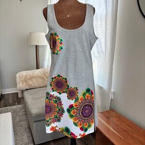Desigual Racerback Sleeveless Jersey Dress Colorful Embellished Florals Size XL